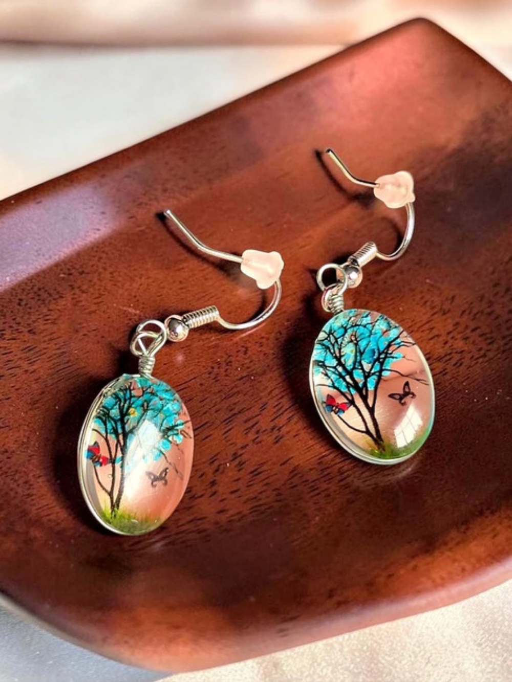 Fashion Jewelry Teal Floral Tree & Butterfly Acrylic Cabochon Drop Earrings New